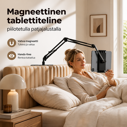 🛏️ Katso tabletista sängyssä, hands-free – magneettinen tablettiteline piilotetulla patjajalustalla. Ei tärisemistä, ei poraamista!