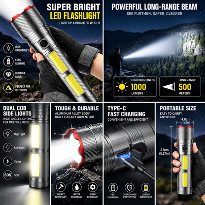 🔦 Nyt 50 % alennus! Tehokas ja pitkälle kantava kannettava taskulamppu – USB-ladattava LED-valaisin, jossa on sivu-COB-valo; vedenpitävä käsivalaisin retkeilyyn, vaellukseen ja hätätilanteisiin.