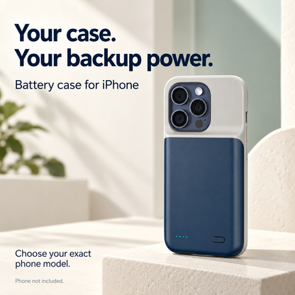 Blue iPhone battery case with four rear LED indicators and a power button.