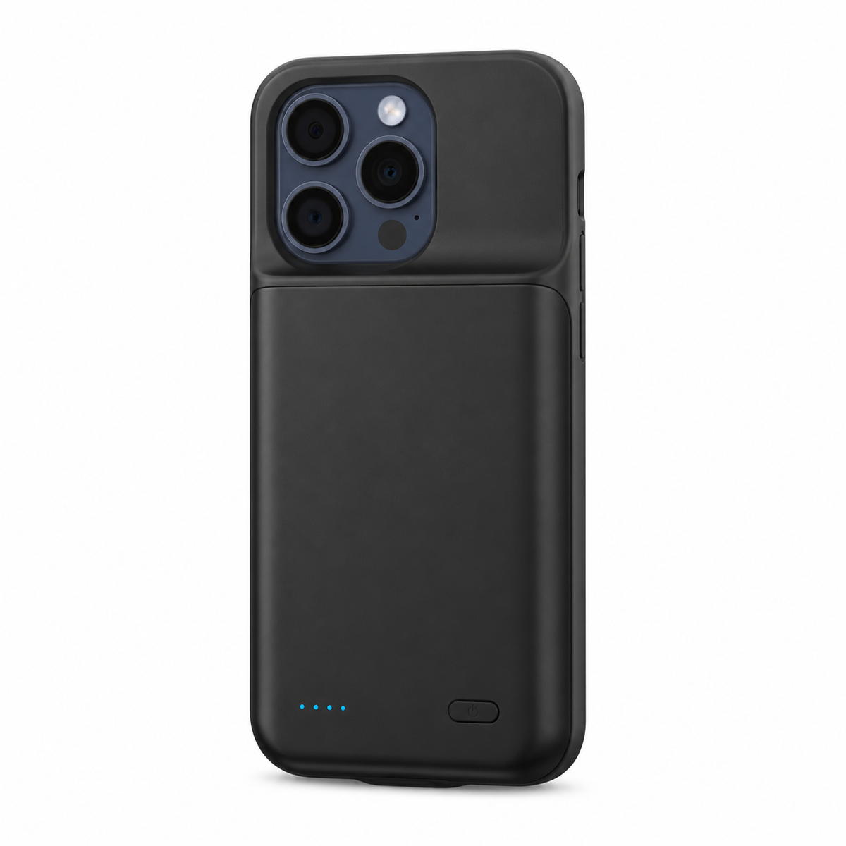 Black battery case rear view on a white background. Phone not included.