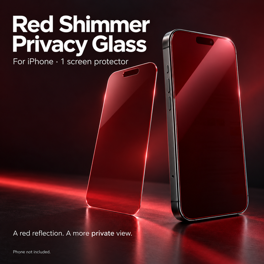 Red shimmer privacy tempered glass for iPhone shown as one separate screen protector beside a demonstration phone.