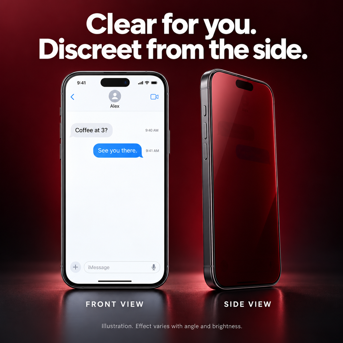 Front and side view comparison of red shimmer privacy screen glass; the front screen is readable while the angled side view appears dark red.
