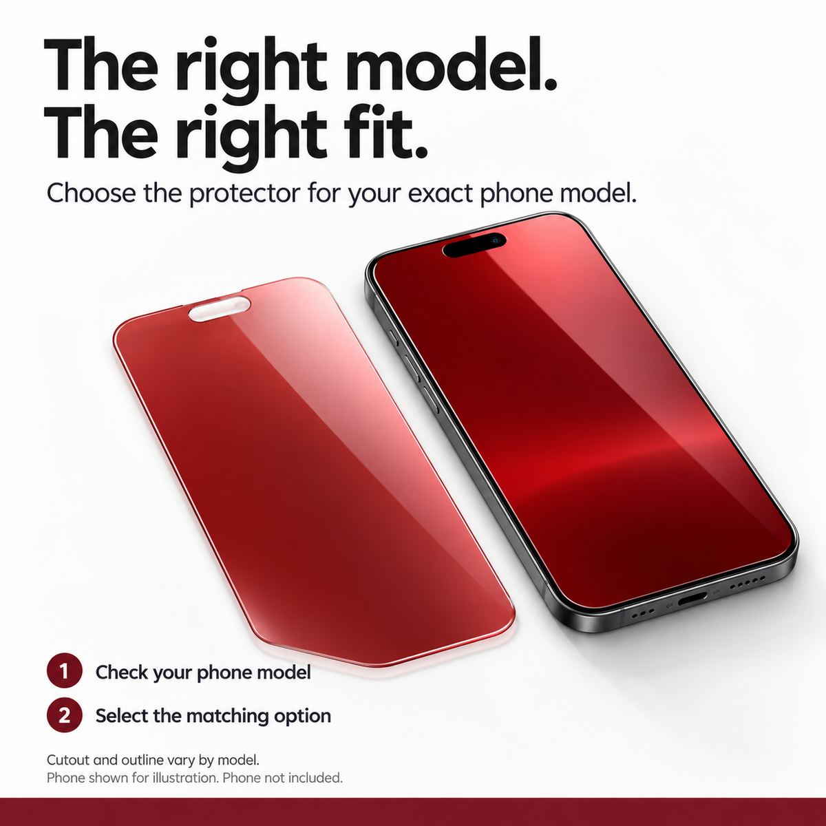 A guide to choosing the screen protector for the exact phone model, with a phone and separate glass sheet.