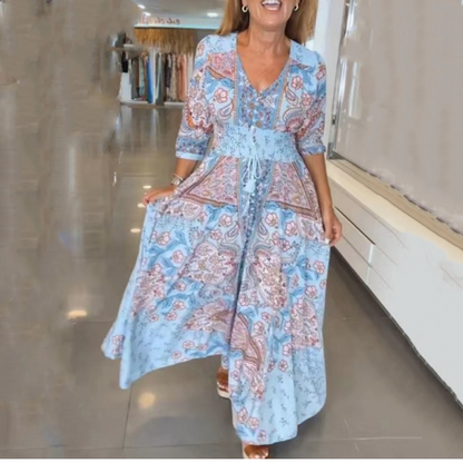 Naisten tyylikäs kukallinen nyörikiristysmitallinen mekko