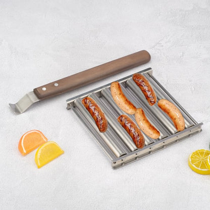 Ruostumattomasta teräksestä valmistettu BBQ Hot Dog teline, jossa on puinen kahva