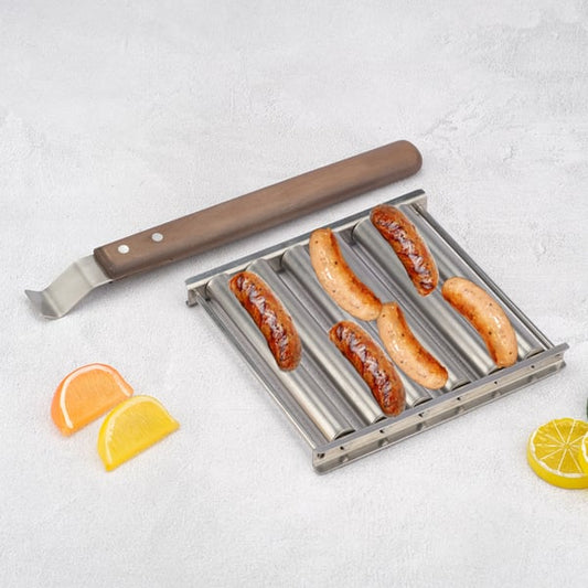 Ruostumattomasta teräksestä valmistettu BBQ Hot Dog teline, jossa on puinen kahva