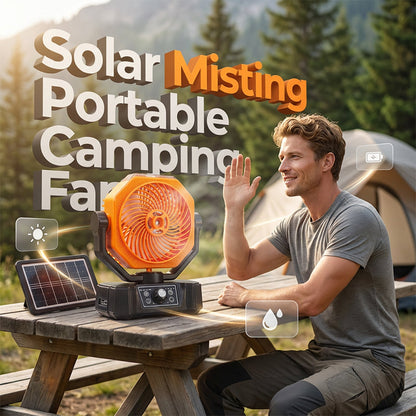 🌞 Aurinkokäyttöinen kannettava sumutusleirituuletin – viileyttä missä tahansa, sähköverkon ulkopuolella! ⛺💨 Viilentävä sumu + laaja heilutusliike + kauko-ohjaus – lopullinen ulkoilun mukavuuskumppanisi. 🔋🌀