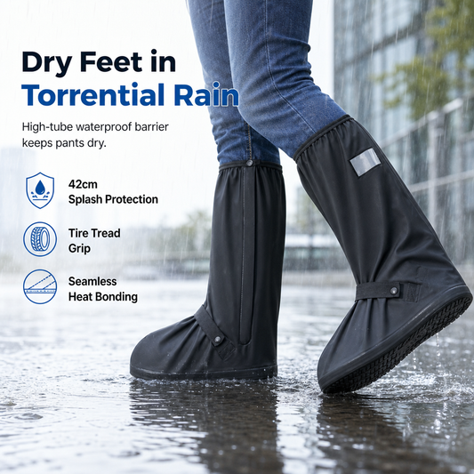 🌧️ RAJOITETUN AJAN 50 % ALENNUS! 👢 Vedenpitävät, korkeavartiset sadesuojat kengille – luistamaton PVC-materiaali, 42 cm:n suoja roiskeilta ja heijastimet turvallisuutta lisäämään 👟