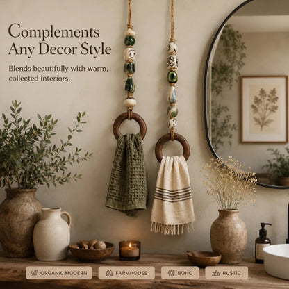 🧺 Decorative Beaded Towel Hanger: Ceramic Beads, Jute Rope, Wooden Ring