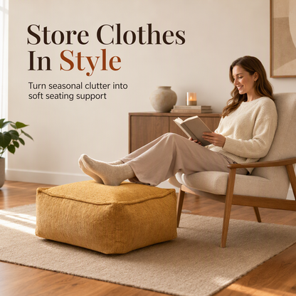 🛋️ 50 % alennus! ✨ Säilytysrahin päällinen vaatteille – täytä vanhoilla peitoilla ja täkeillä; kestävää ja repeämätöntä kangasta, erittäin leveä vetoketjuaukko – kestää 100 kg:n kuorman, toimii myös jalkarahina ja on hävikkitön säilytysratkaisu 🪑