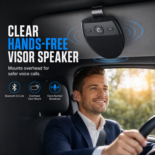 🚗SP11 Bluetooth-handsfree-kaiutin autoon (aurinkolippaan kiinnitettävä) – tärinästä aktivoitu automaattinen käynnistys, A2DP-tuki ja soittajan tunnistus puheopastuksella
